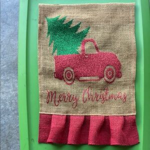 Festive Red and Green Holiday Burlap flag, for flag stand in yard.